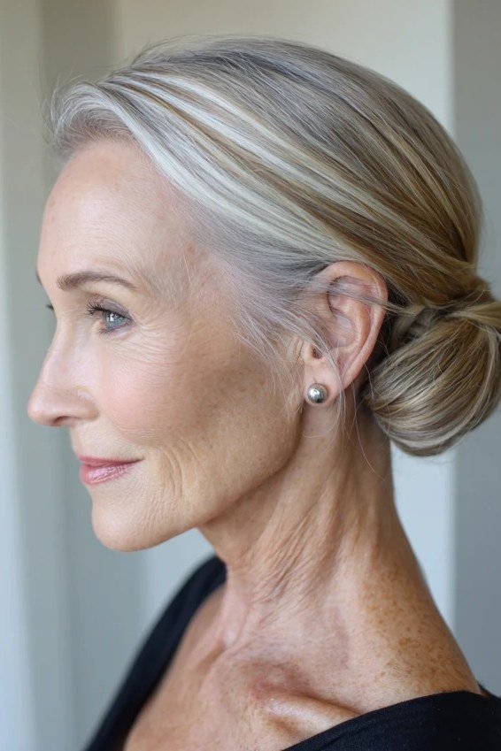 Blonde Low Bun - simple stylish hairstyle for women over 70 (blonde low bun updo, side view)