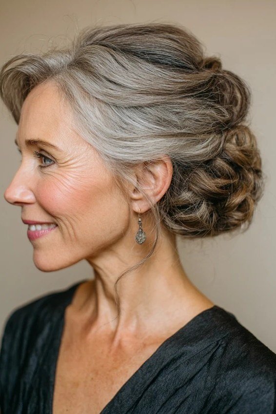 Silver Chignon - simple stylish hairstyle for women over 70 (silver chignon updo, side view)