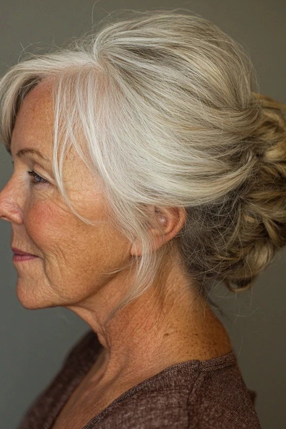 White Braided Updo - simple stylish hairstyle for women over 70 (white braided updo, side view)