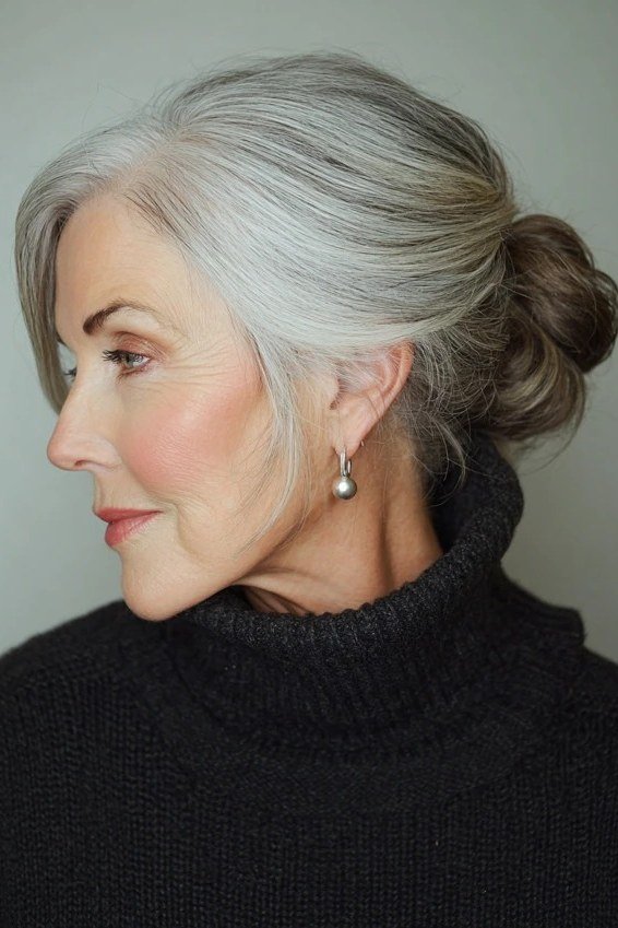 Silver Twisted Updo - simple stylish hairstyle for women over 70 (silver twisted updo, side view)