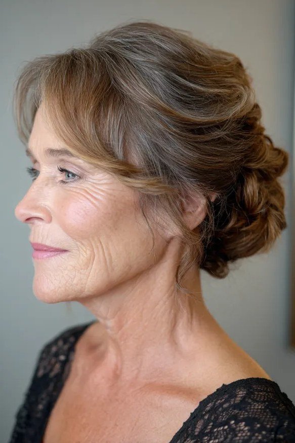 Brown Elegant Updo - simple stylish hairstyle for women over 70 (brown elegant updo, side view)