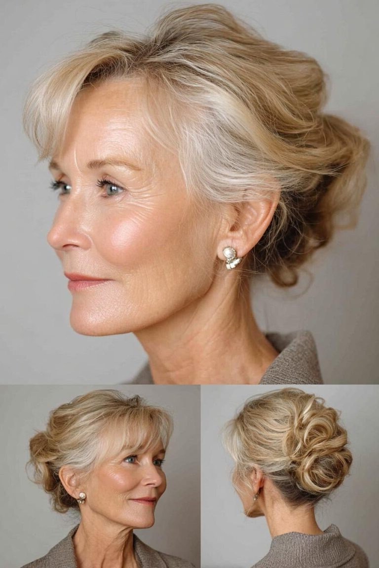 Blonde Updo with Three Views - simple stylish hairstyle for women over 70 (blonde updo, three-panel views)