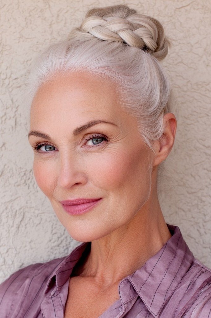 White Top Knot - simple stylish hairstyle for women over 70 (white top knot, front view)