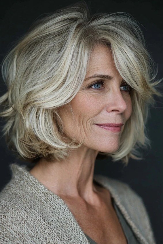 Silver wavy stacked bob with choppy layers for women over 60, front three-quarter view
