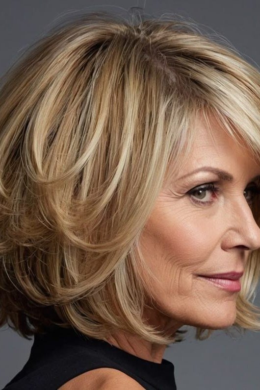 Blonde feathered layered bob haircut for women over 60, side profile view