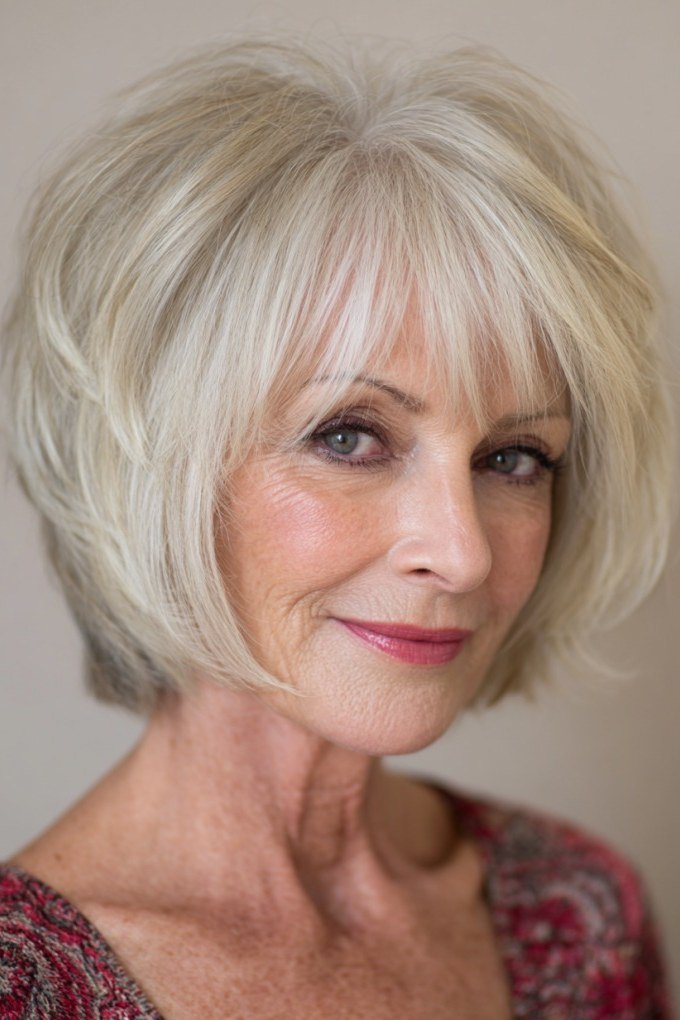 Platinum blonde bob with bangs for women over 60, front view, sleek finish
