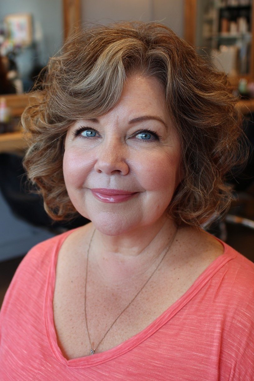 Curly brown bob haircut for women over 60, front view