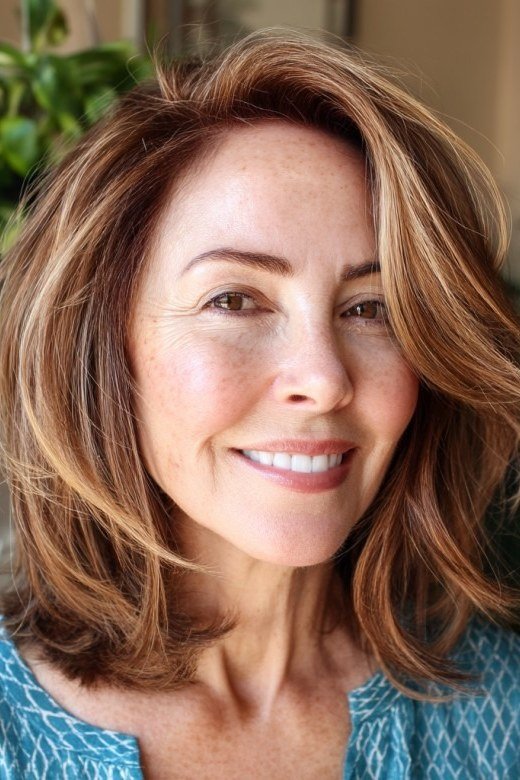 Auburn wavy bob haircut for women over 60, front view