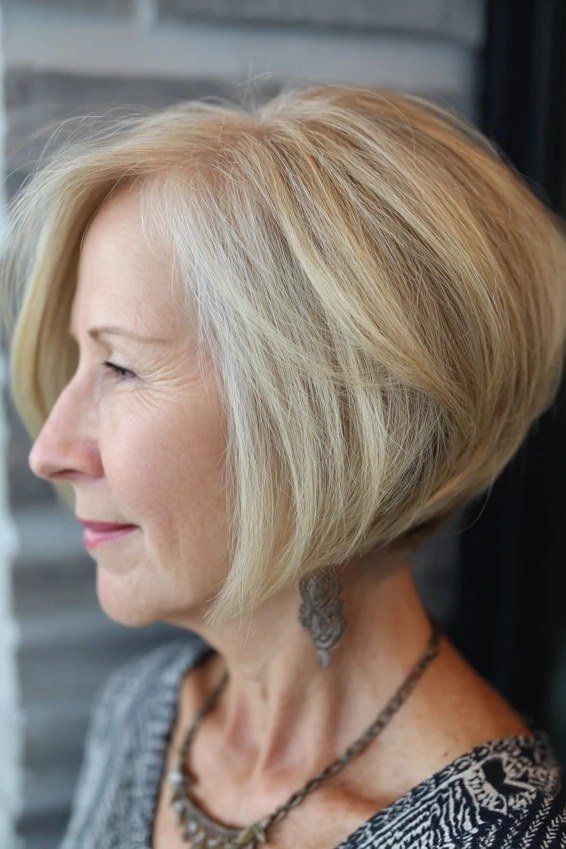 Platinum blonde stacked bob with volume for women over 60, side view