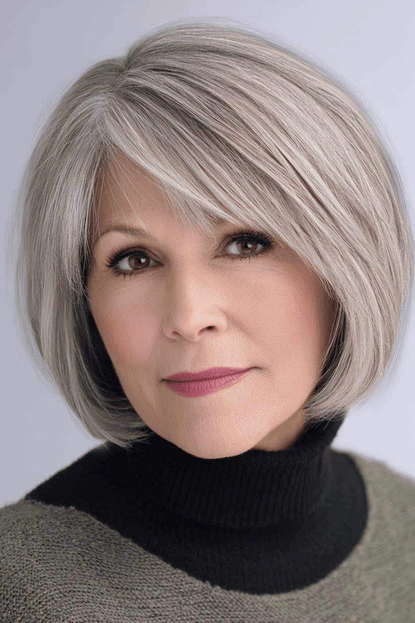 Silver sleek bob with bangs for women over 60, front view