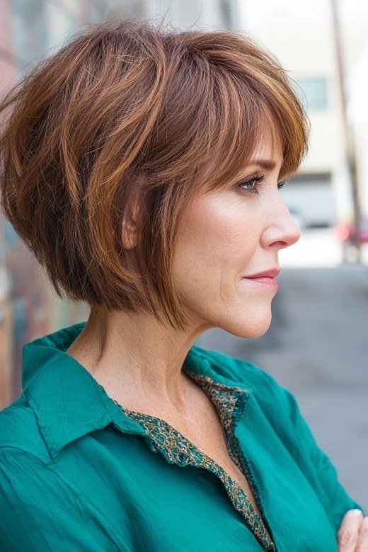 Copper shaggy bob haircut for women over 60, side view