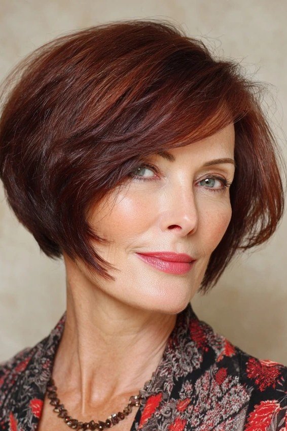 Deep copper red sleek stacked bob for women over 60, three-quarter view