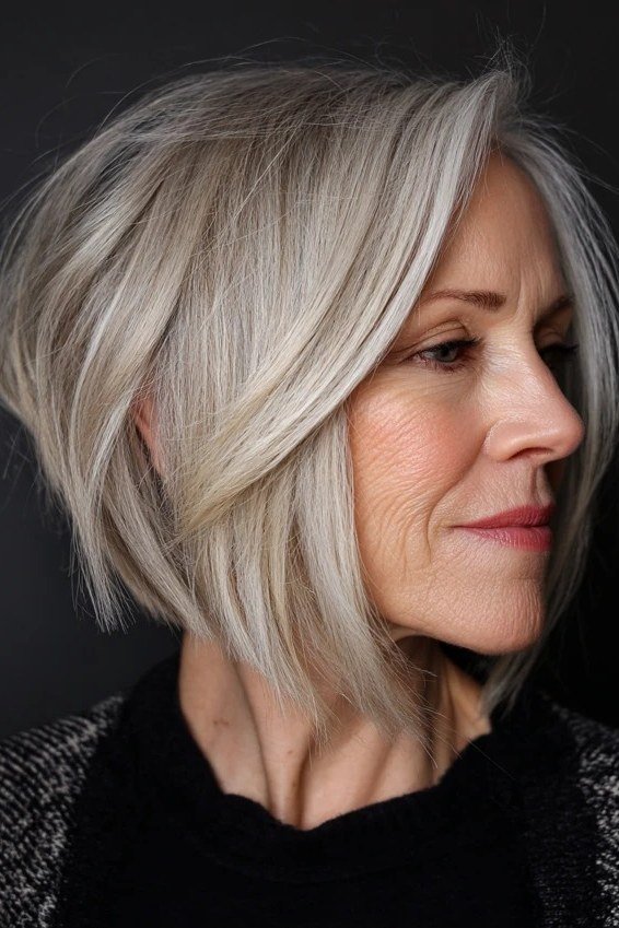 Classic silver stacked bob haircut for women over 60, side profile view
