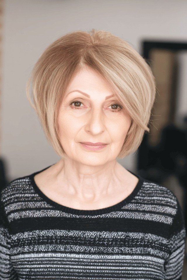 Chin length blonde stacked bob for women over 60, front view