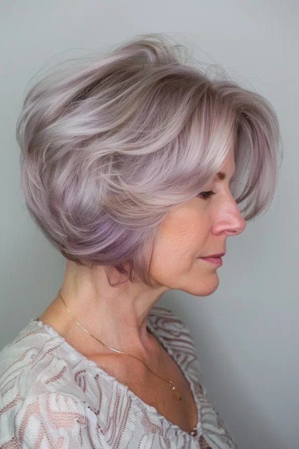 Lavender gray stacked bob haircut for women over 60, side profile view