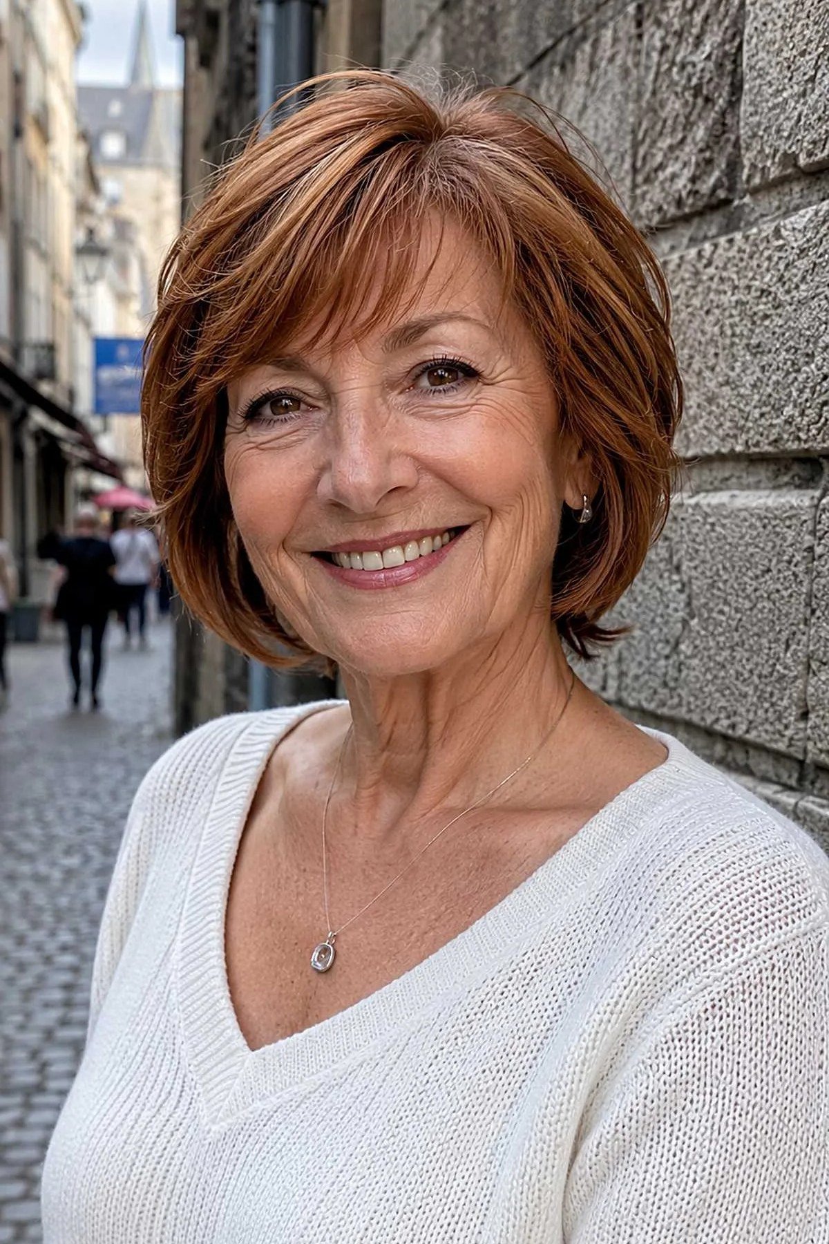 Warm auburn stacked bob haircut for women over 60, front three-quarter view