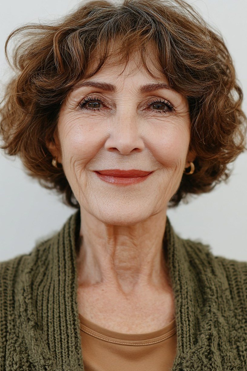 Brown curly bob haircut for women over 60, front view