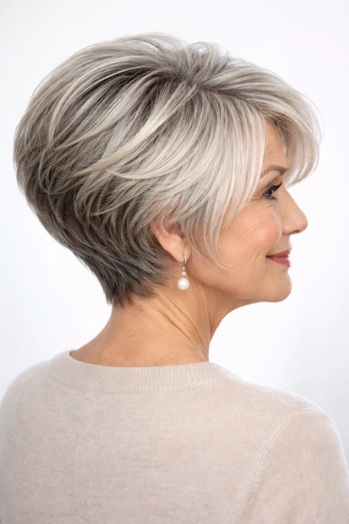 Silver gray stacked bob haircut for women over 60, side profile view