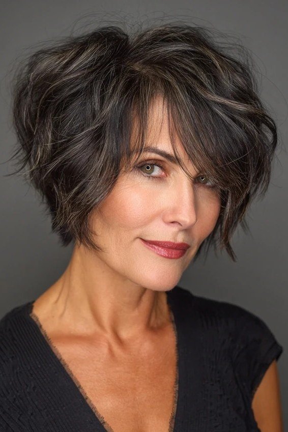 Dark gray shaggy bob haircut for women over 60, front view