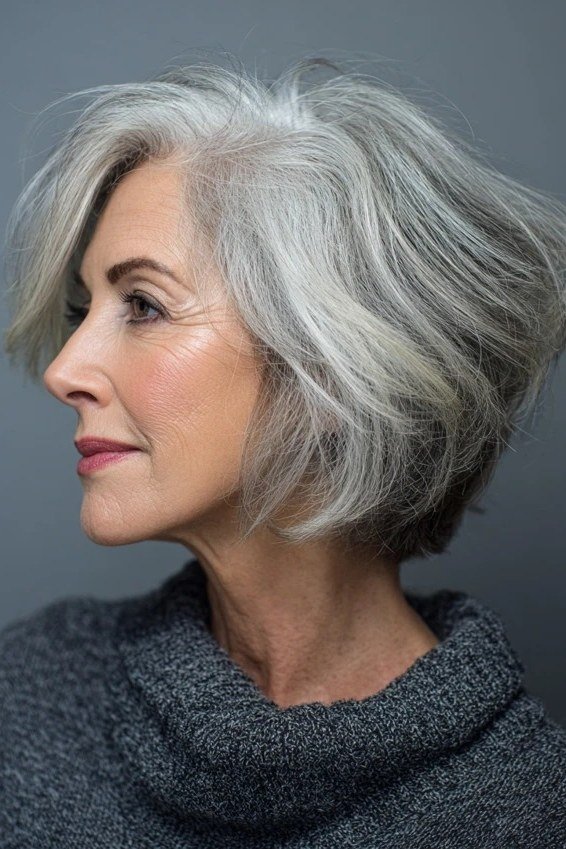 Polished silver stacked bob haircut for women over 60, side profile view