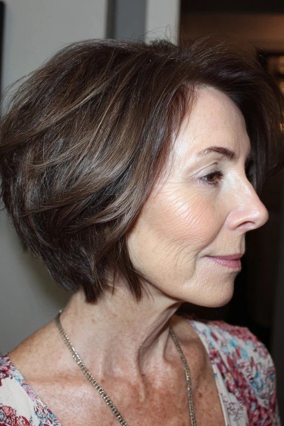 Rich dark brown stacked bob haircut for women over 60, side profile view