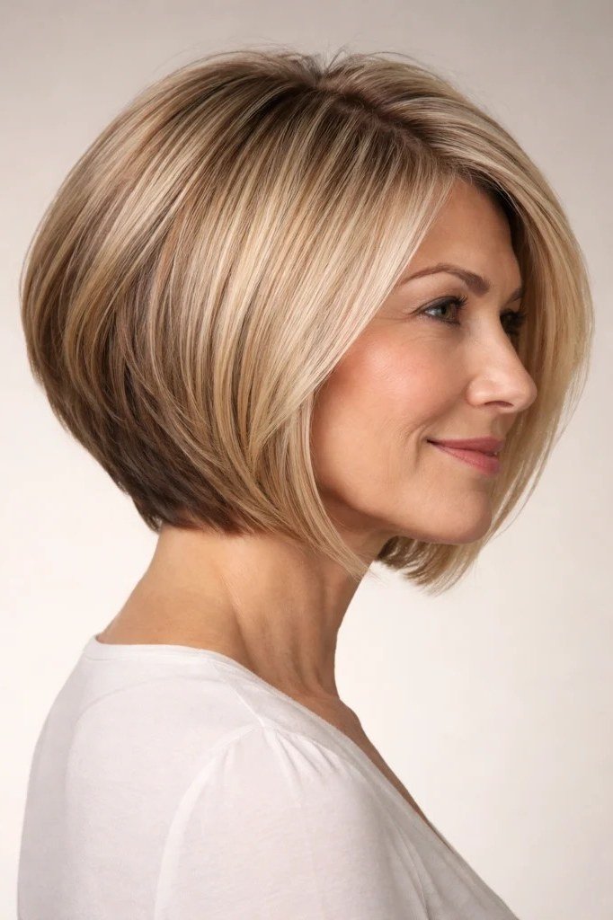 Brown blonde stacked bob haircut for women over 60, side view