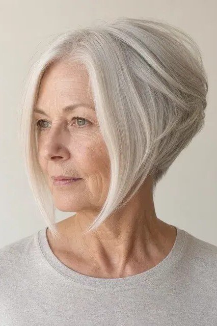 White angled stacked bob haircut for women over 60, three-quarter view