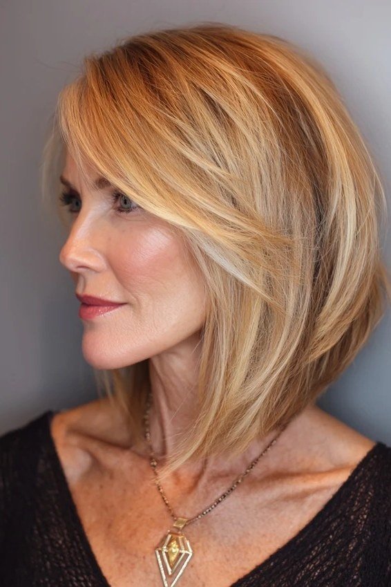 Honey blonde angled bob haircut for women over 60, side view
