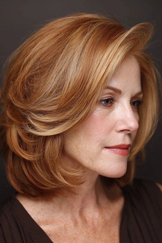 Copper wavy layered bob haircut for women over 60, three-quarter view