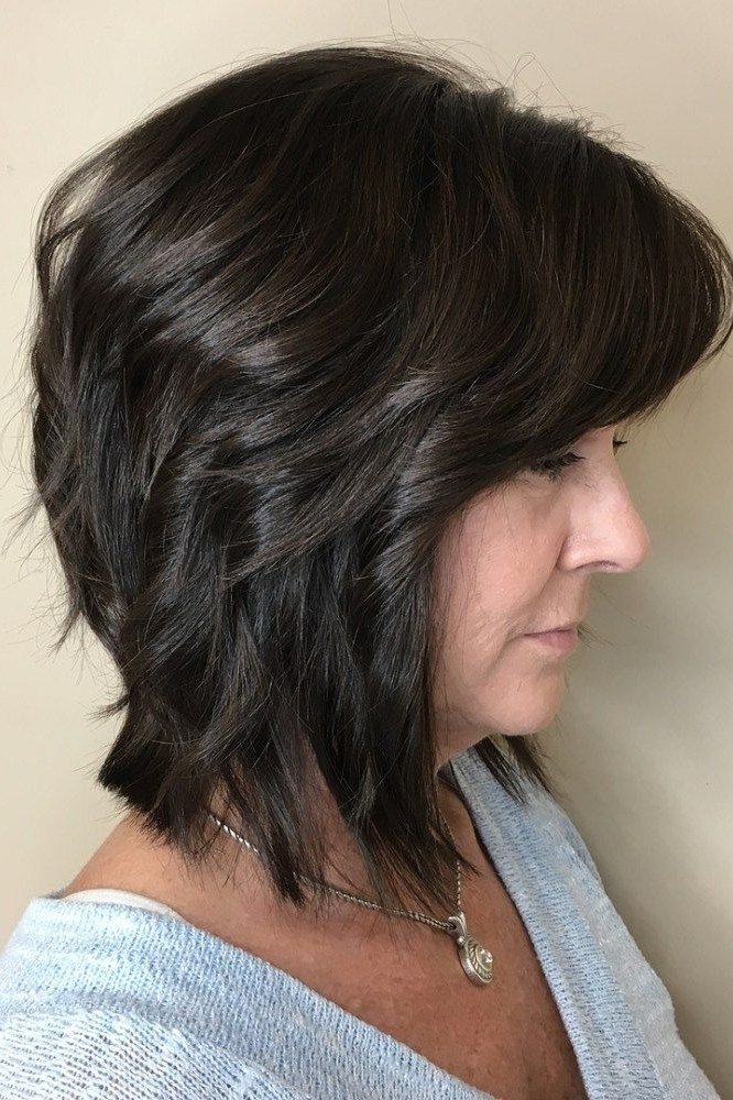 Black shaggy bob haircut for women over 60, side view