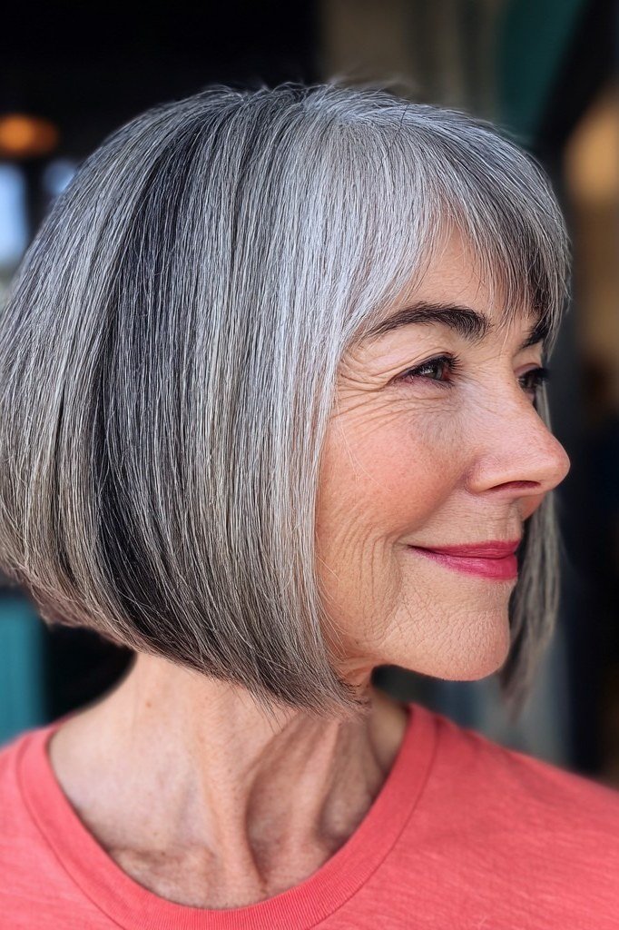 Soft gray stacked bob haircut for women over 60, side view
