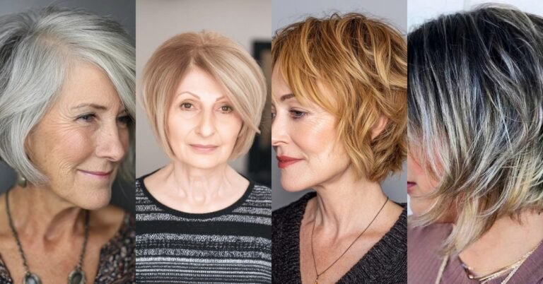 Stacked bob haircuts for women over 60 collage showing four flattering stacked bob styles