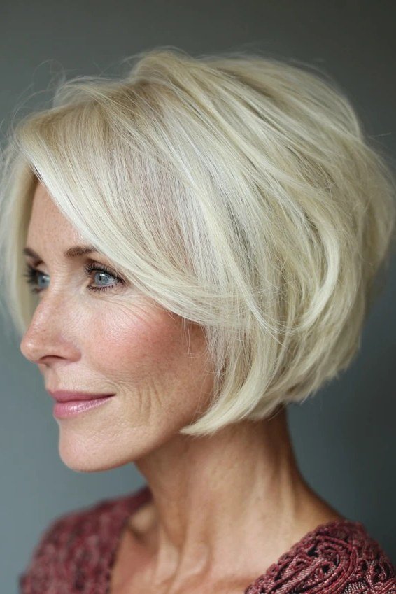 White layered inverted bob, side part, mature woman - inverted bob haircut for women over 60