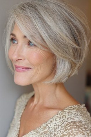 Silver layered bob with bangs, lace top - inverted bob haircut for women over 60