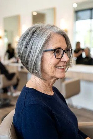 Grey bob with glasses, salon side view - inverted bob haircut for women over 60