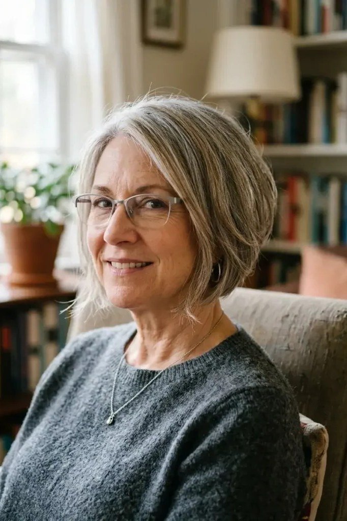 Grey bob, side profile, home setting - inverted bob haircut for women over 60