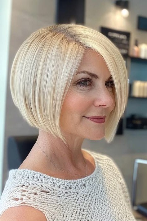 Platinum sleek inverted bob, three-quarter front - inverted bob haircut for women over 60