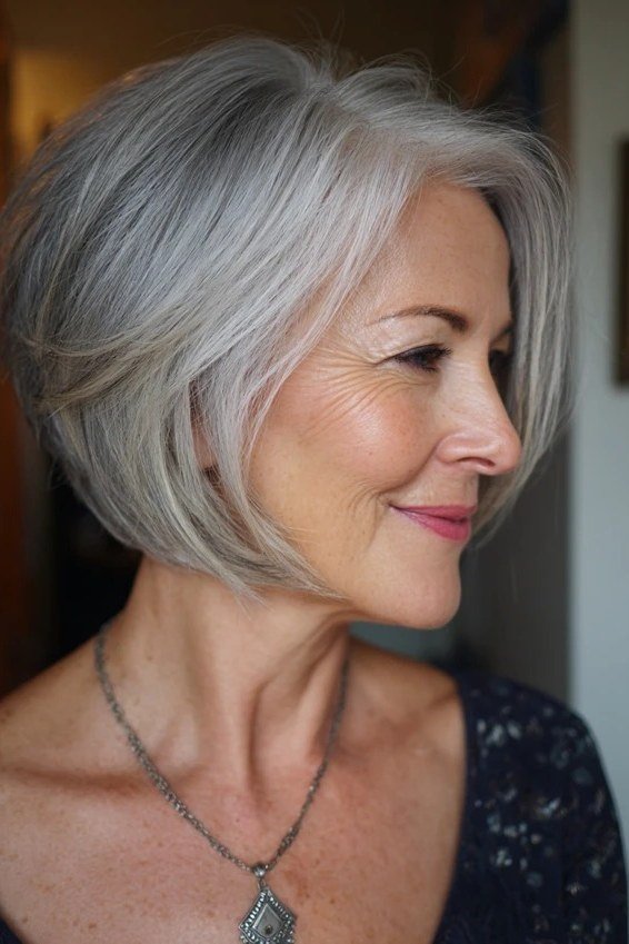 Silver angled bob with necklace, three-quarter - inverted bob haircut for women over 60