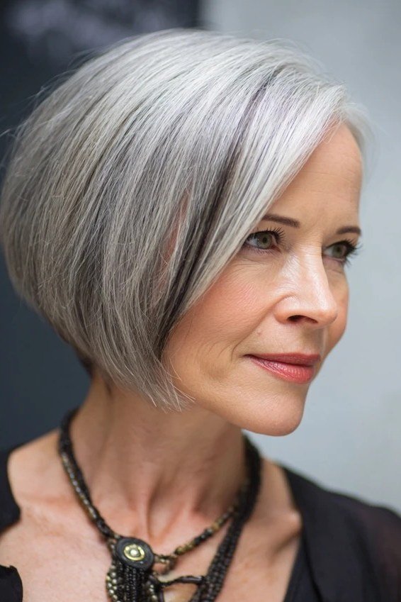 Silver sleek angled bob, necklace - inverted bob haircut for women over 60