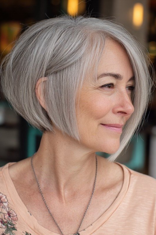 Silver side-swept bob, floral top - inverted bob haircut for women over 60