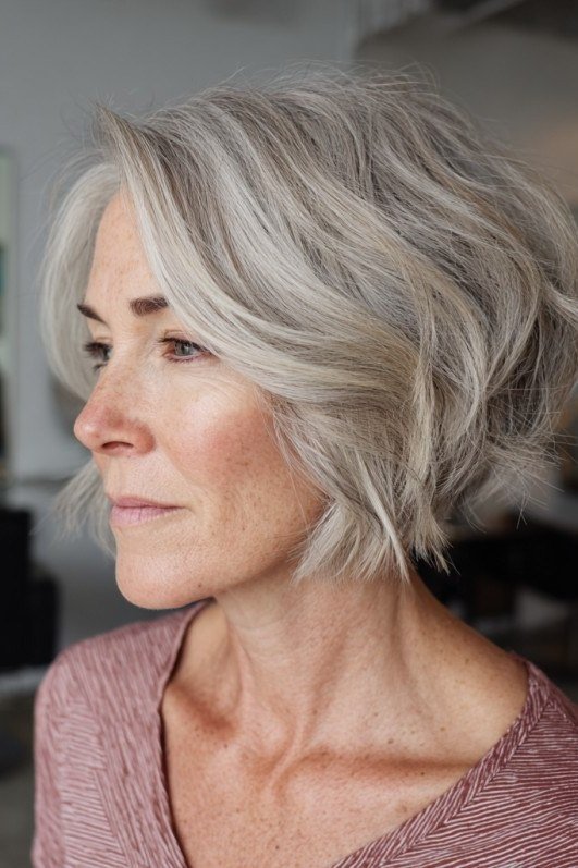 Silver textured bob, salon - inverted bob haircut for women over 60
