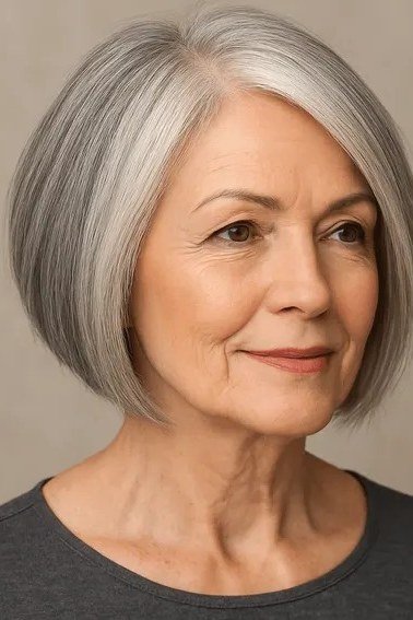 Grey classic bob, front, dark top - inverted bob haircut for women over 60