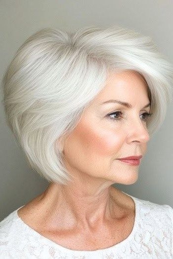 Platinum voluminous bob, front, white lace - inverted bob haircut for women over 60