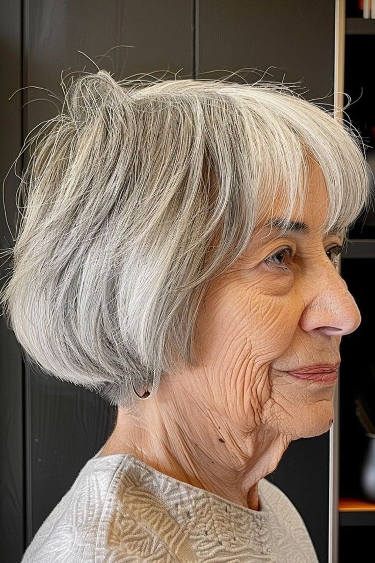 Silver textured three-quarter bob - inverted bob haircut for women over 60
