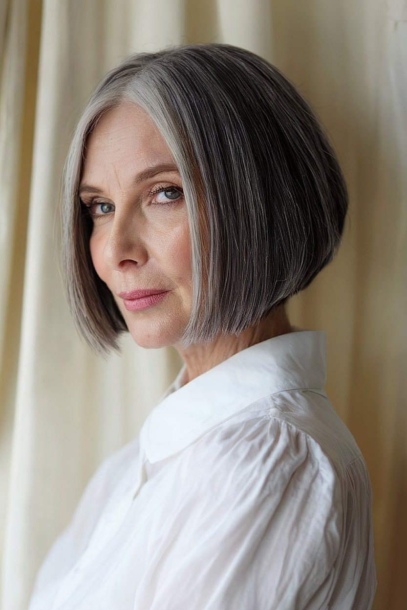 Dark grey sleek inverted bob, white shirt - inverted bob haircut for women over 60