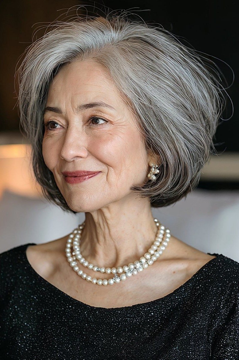 Silver rounded bob with pearls, front - inverted bob haircut for women over 60