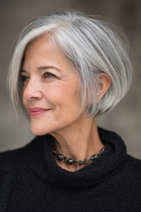 Silver textured bob, side, necklace - inverted bob haircut for women over 60
