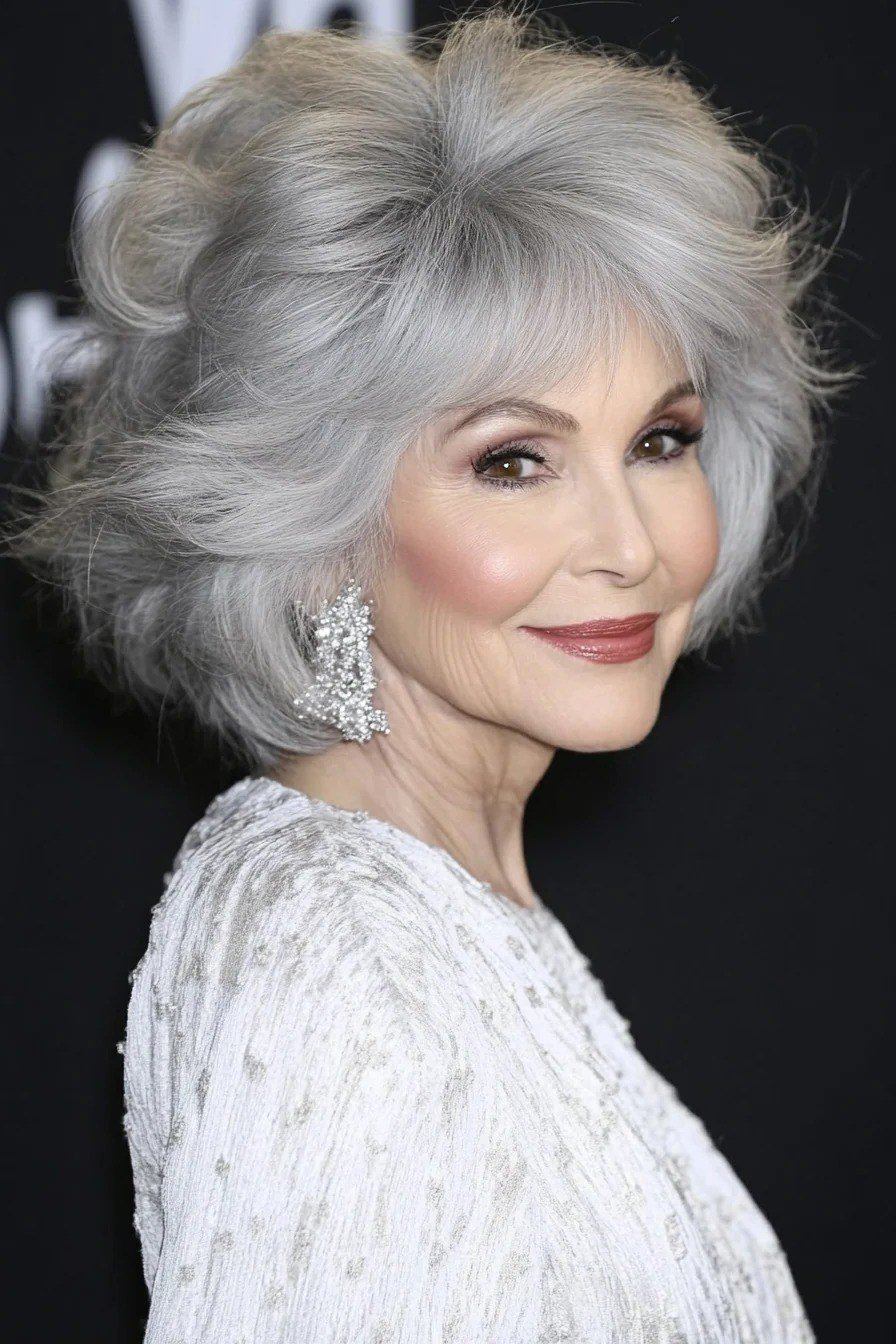 Silver voluminous bob with bangs, evening lace - inverted bob haircut for women over 60