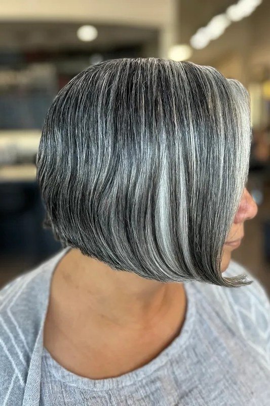 Silver streaked side-profile bob - inverted bob haircut for women over 60