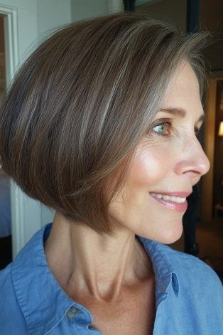 Ash-brown inverted bob, side profile, blue shirt - inverted bob haircut for women over 60